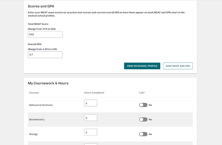 The section in MSAR to input your MCAT Score, Overall GPA, and Coursework.