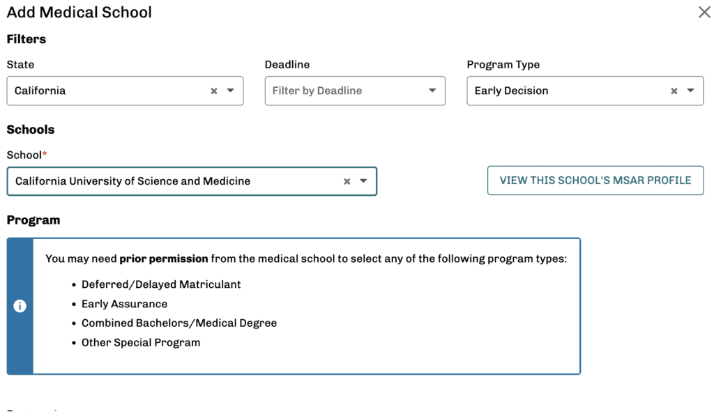 A screenshot of applying through AMCAS for an Early Decision program into medical school.